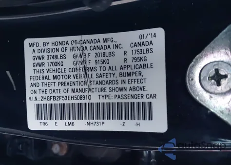 2014 Honda Civic Lx z USA, uszkodzony, nr VIN 2HGFB2F53EH508910